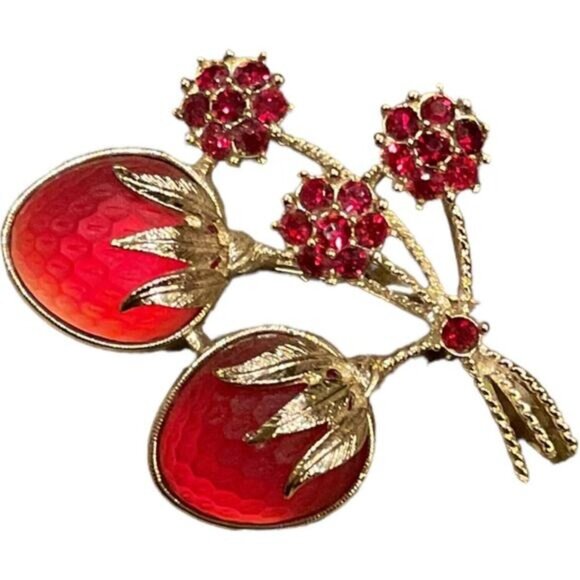 VTG Sarah Coventry Gold Tone Red Strawberry Frosted Glass Brooch Pin 1960's - Picture 4 of 7